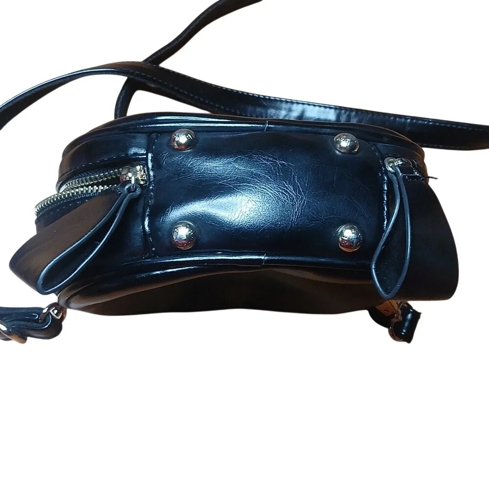 Bei Bao Bao Crossbody‎ Bag Women Small Black Gold Bow Round Faux Leather Purse